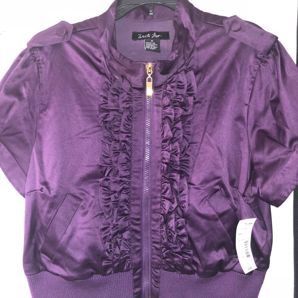 A  purple satin short sleeve bomber jacket